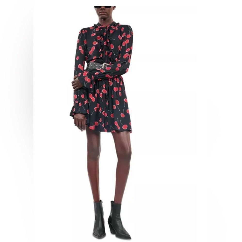The Kooples red Cherry Print Black Mini Dress with ruffles Dark Romance NWT - Picture 12 of 13